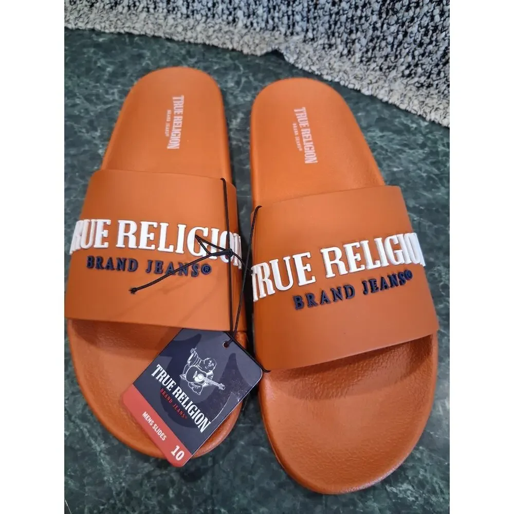 True Religion TR Weezy Slides Mens Size 10 Orange White Slip On Sandals NWT